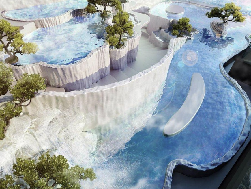 Architectural design rendering of a multi-tiered water feature surrounded by trees and flowing water, with a modern, organic structure integrated into the landscape.