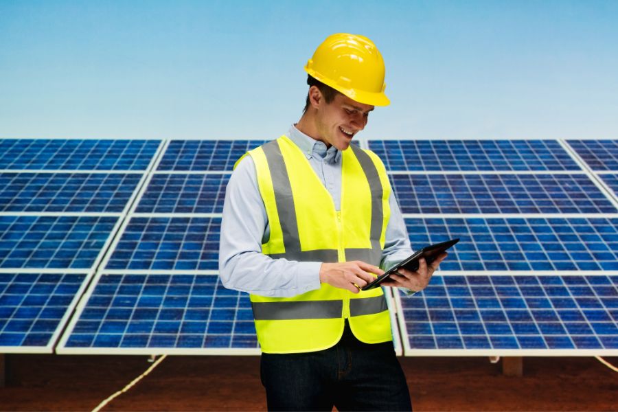an engineer standing in front of solar panels